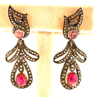 Antique Earrings Pink Tourmaline   Rose Cut Diamonds 14k Gold   Sterling Silver
