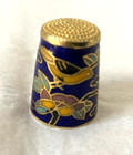 Vintage Cloisonne Gold Bird Enamel Thimble Dark Blue Pink Yellow Flowers