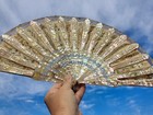 Divine 19th Century French Mop   Paper Gotic Shape Hand Fan W  Carved Sticks