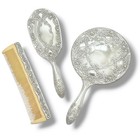 3 Piece Vintage Vanity Set Silver Plated Hand Mirror  Hair Brush   Comb Ornate