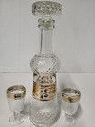 Mint Condition Vintage Diamond Cut Glass Decanter   2 Matching Cordials Glasses 