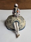 Vintage Flapper Lady W  Purple Coat Porcelain Half Doll Pin Cushion With Legs
