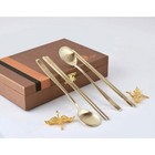 Silk Twin Crane Titanium Gold Korean Spoon Chopsticks Set   Elegant Gift