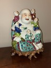 Vintage Chinese Porcelain Laughing Buddha Figurine Five Children With Stand 11   