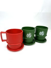3 Vintage Tupperware Mugs Christmas Holiday Cups Red Green W Coasters Lids