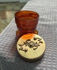 Vintage Amber Collapsible Cup Pill Holder With Ornate Gold- Tone Metal Lid