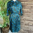 Vintage 60s Handmade Blue Floral Midi Belted Dress Rhinestone Accents