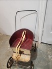 Vintage Metal Toy Baby Carriage Stroller Buggy  Red   Beige Seat