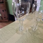 Antique Set Of 2 Etched Star Pattern Clear Hollow Stem Wine Glasses  