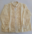 Barong Tagalog Men Formal Shirt Long Sleeves Organza Silk Embroidered Cream Tone