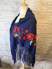 Vintage Rose Embroidered Floral Gorgeous Piano Scarf Fringe Shawl Wrap Navy Blue