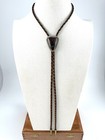 Stunning Vintage Sterling Silver Petrified Wood Western Bolo Tie Leather Cord