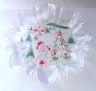 Vintage Mikasa Holiday Landscape Frosted  Fluted Edge  Dish- Green   Red Accents