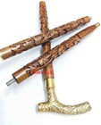 Antique Hand Carved Wooden Walking Stick Cane Solid Brass Handle Vintage Gift
