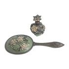 Vintage Argento Sc Augusta Hand Mirror   Perfume Bottle Floral Enamel Vanity Set