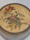 Vintage Art Deco Ribbed Glass Vanity Powder Jar Trinket Dish Beige Floral Lid