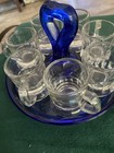Set Of 7 Vintage Clear Glass Shot Glasses With Cobalt Blue Glass Handled Server