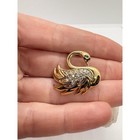 Vintage Gold Tone Swan Bird Clear Rhinestone Pin Brooch Retro Green Eye Nature
