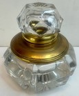 Large Antique Victorian Molded Glass   Brass Hinged Faceted Lid Round Inkwell