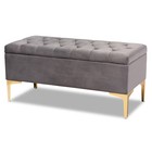 Glam Luxe Storage Ottoman Dark Gray Velvet Button Tufted Gold Finished Stainless
