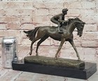 Jockey Riding Bronze Statue Figure Hot Cast Marble Base Sculpture Horse Figurine