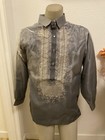 Barong Tagalog Men L Organza Gray Embroidery Accent Double Lining 