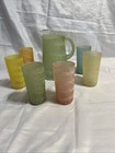 Vintage Mcm Spaghetti String Frosted Rubber 6  Glass Tumblers   Pitcher 1950s     