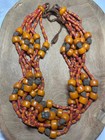 Vintage Nepal Handcrafted Amber Resin   Coral Glass Beads Necklace Tribal Multi