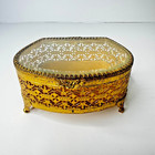 Vintage Jewelry Box Gold Filigree Beveled Glass Ormolu Velvet Casket Hollywood
