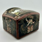 Japanese Lacquer Papier Mache Trinket Box Samurai Motif Black Gold 1950s Vtg