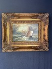 Antique Maritime Seascape Painting Masted Clipper Ship Gilt Frame 11 X 9 5