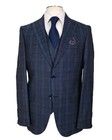 Three Piece Midnight Blue Plaid Suit Jacket Waistcoat Trousers 42r 40r 38r 36r 