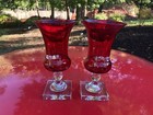 Rare Pair Of Pairpoint gunderson Ruby Red Heart Handled Urn Vases Square Base