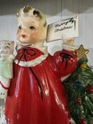 Vtg  Samson  Relpo 456l Girl Cat Merry Christmas Tree Planter Spaghetti Trim 6   
