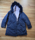 Stradivarius Reversible Parka Jacket Navy Pink Detachable Fur Hood Xxl