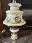 Vintage Milk Glass Green Floral Hanging Hurricane Swag Ceiling Light Lamp 24 