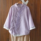 Chinese Style Cotton Linen Loose Tops Blouses Floral Button Retro Casual Shirts