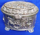 Antique Vintage Ornate Embossed Oval Silver Trinket Jewelry Box Casket Footed Kn