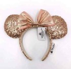 New Disney Parks Rose Gold Champagne Minnie Mouse Bow Sequins Ear Headband Ears
