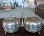 Barker Ellis Silver Plate On Cooper Covered Double Serving Bowls Set  W  Handle