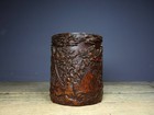 Chinese Natural Old Bamboo Hand-carved Exquisite Flower And Bird Brush Pot 1664