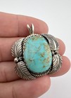 Vtg Navajo Sterling Silver Kingman Turquoise Stamped Double Leaf Pendant 1 5 
