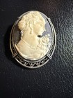 Silver Tone Cameo Brooch  Oval Woman Profile  Shell  Beige Silver  Beauty