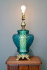 Vtg Mcm Hollywood Regency Glass Lamp Swag Retro Aqua Blue Glass Light Antique