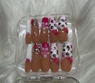 Long Square Full Cover Artificial Nails 3d Floral Nail Art Beige Pink White