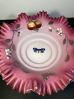 Victorian Peachblow Bride s Bowl W  Butterfly  Fruit Decor In Tufts Silverplate