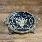 Vtg Hua Rong Tang Zhi Brass   Porcelain Chinese Hand-painted Footed Trinket Dish