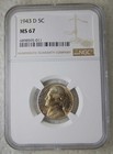1943 D Jefferson Silver War Nickel 5c  Ngc Ms 67  Uncirculated  