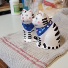 Ceramic Cat Salt   Pepper Shakers Set Of 2 White Black Striped Blue Bandana