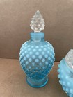 Vintage Blue Opalescent Hobnail Glass Vanity Set Powder Jar Perfume Bottles